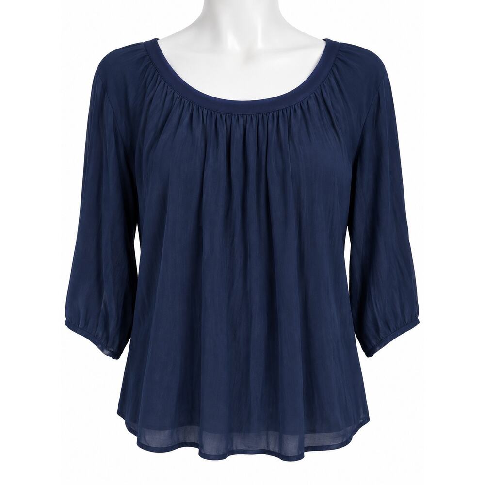 Lucky Brand Blouse Womens S Blue Pleated Scoop Neck 3/4 Sleeve Rayon Woven - Picture 2 of 3